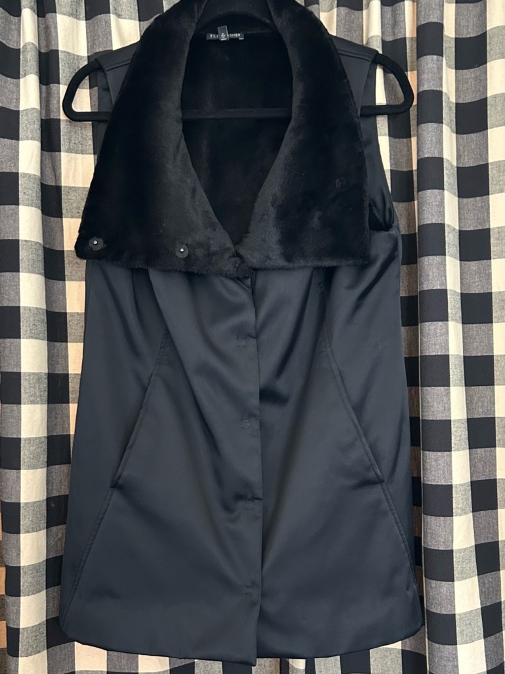 Eileen Fisher Black Sleeveless Coat Vest with Faux Fur Collar
